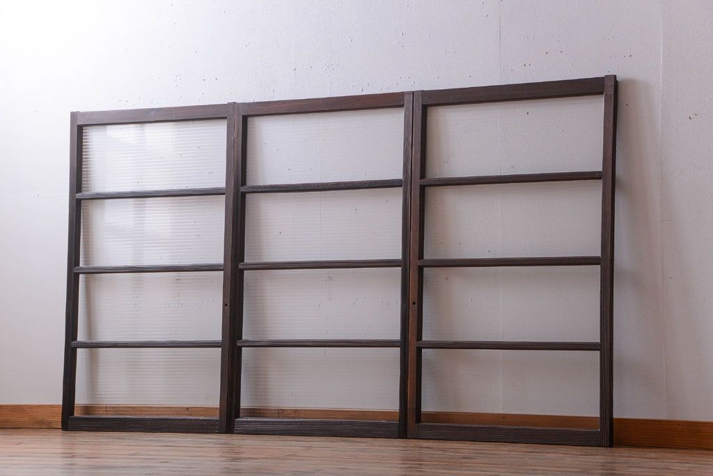 アンティーク　古い木のモールガラス入り引き戸3枚セット(窓)