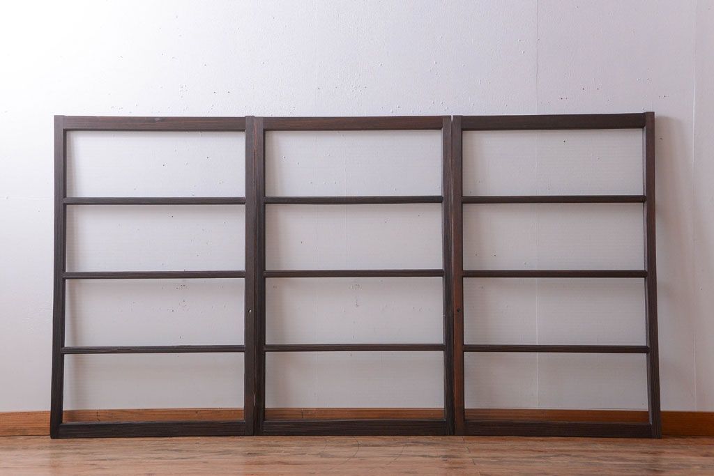 アンティーク　古い木のモールガラス入り引き戸3枚セット(窓)