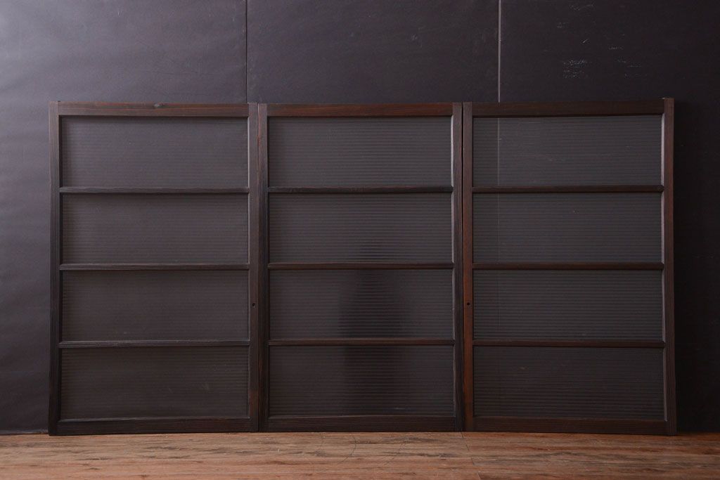 アンティーク　古い木のモールガラス入り引き戸3枚セット(窓)