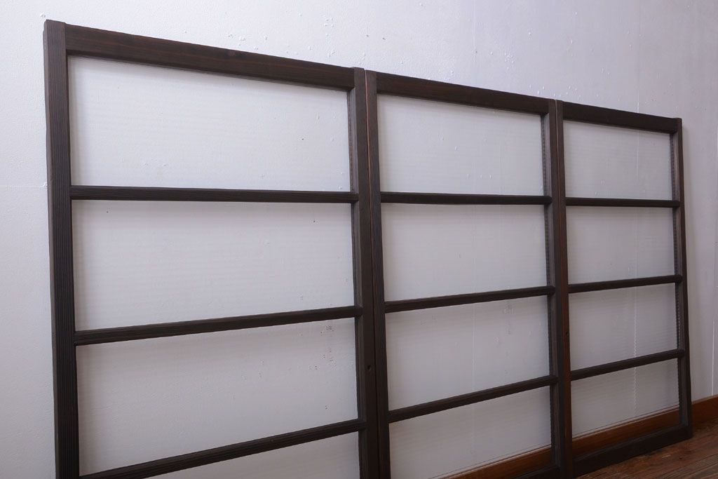 アンティーク　古い木のモールガラス入り引き戸3枚セット(窓)