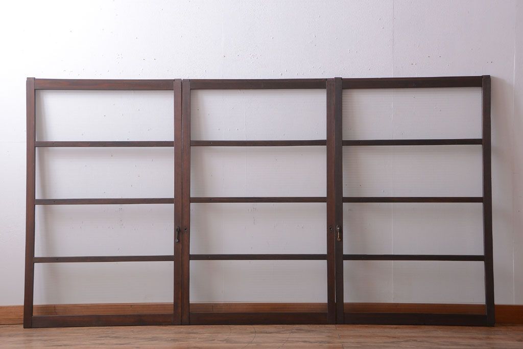 アンティーク　古い木のモールガラス入り引き戸3枚セット(窓)