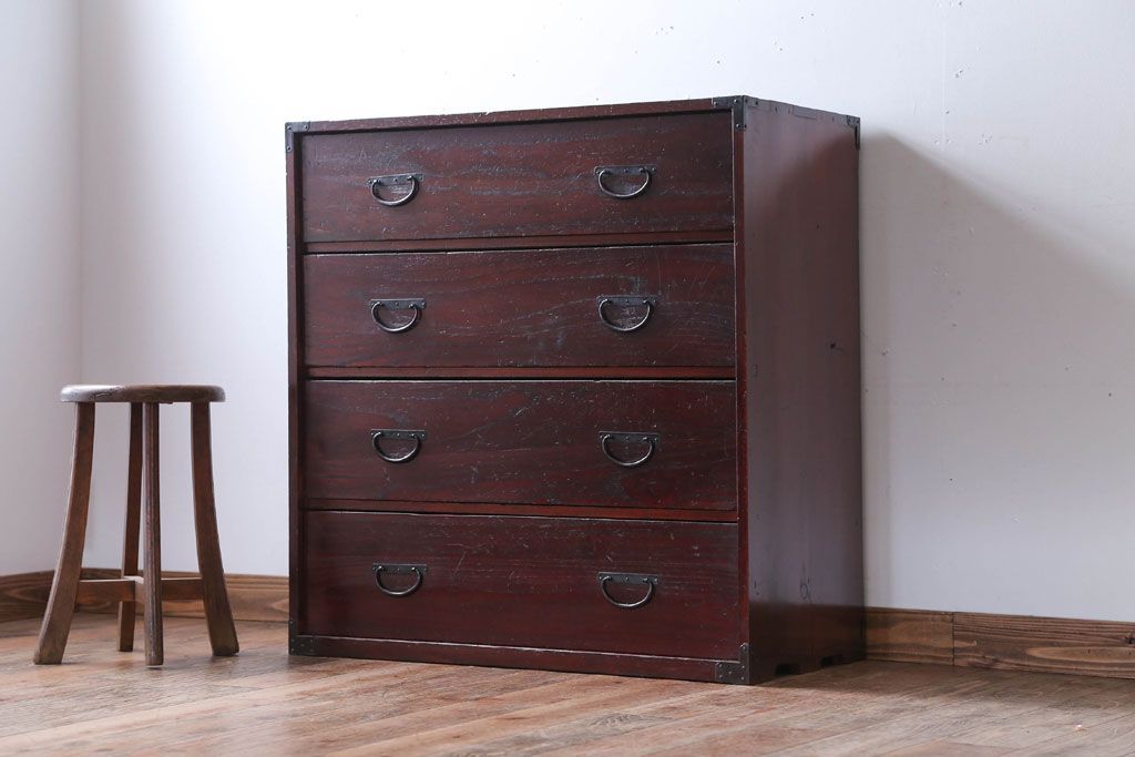 アンティーク家具　古民具・骨董　シンプルな古い木のアンティーク箪笥(チェスト)