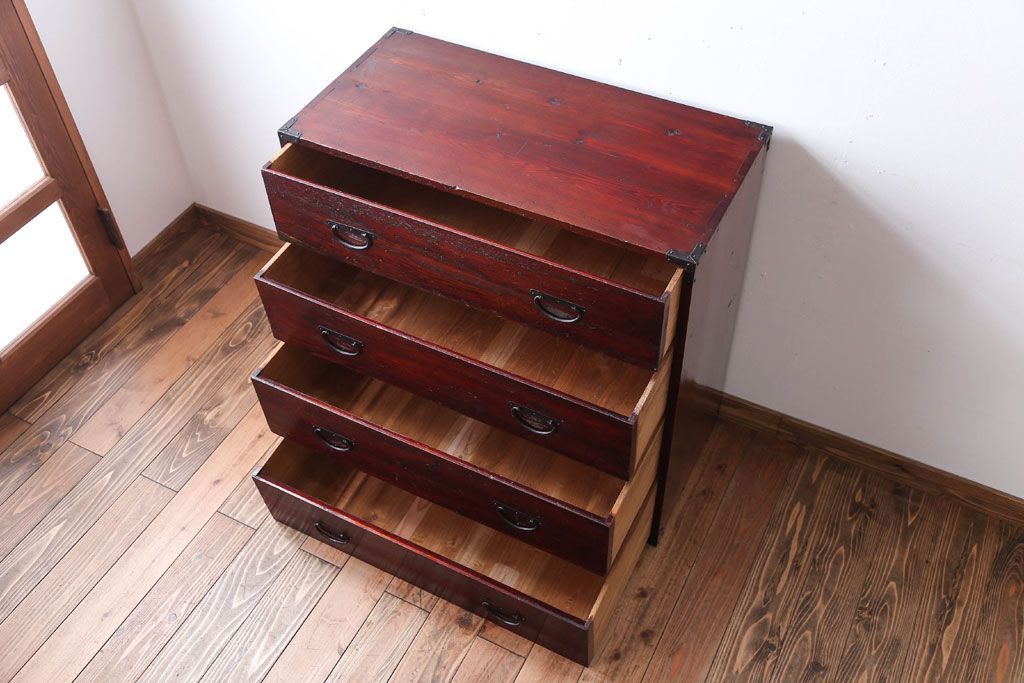 アンティーク家具　古民具・骨董　シンプルな古い木のアンティーク箪笥(チェスト)