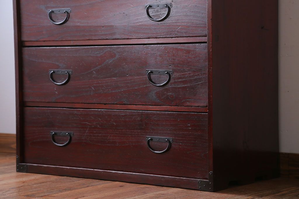 アンティーク家具　古民具・骨董　シンプルな古い木のアンティーク箪笥(チェスト)