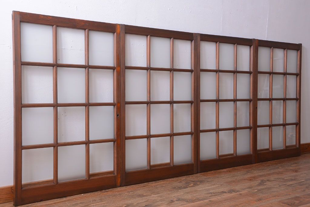 和製アンティーク　市松模様のガラス格子戸4枚セット(窓)