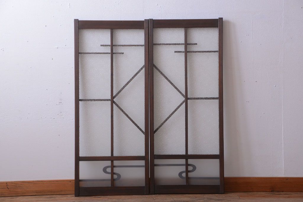 和製アンティーク　モダンなダイヤガラス戸2枚セット