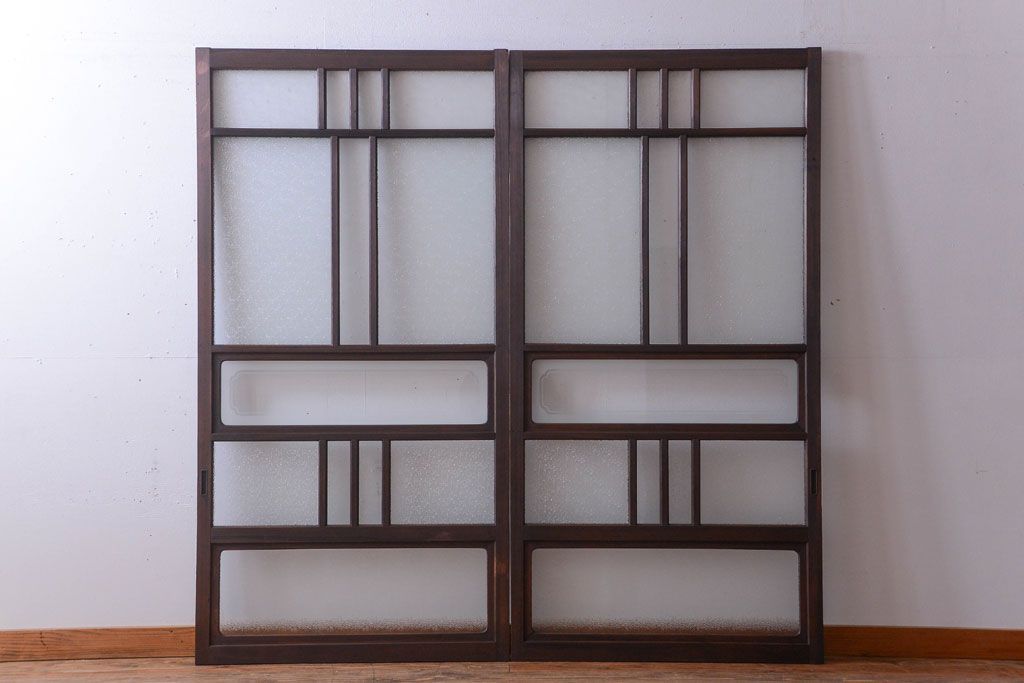 アンティーク　ダイヤガラス入り変わり型引き戸2枚セット