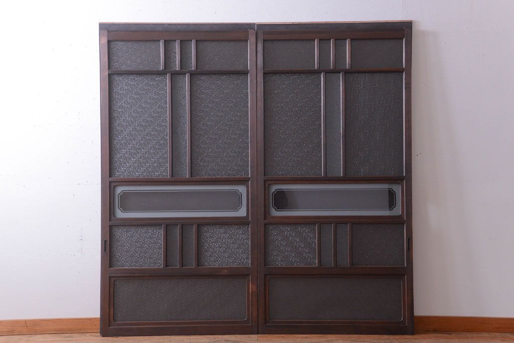 アンティーク　ダイヤガラス入り変わり型引き戸2枚セット