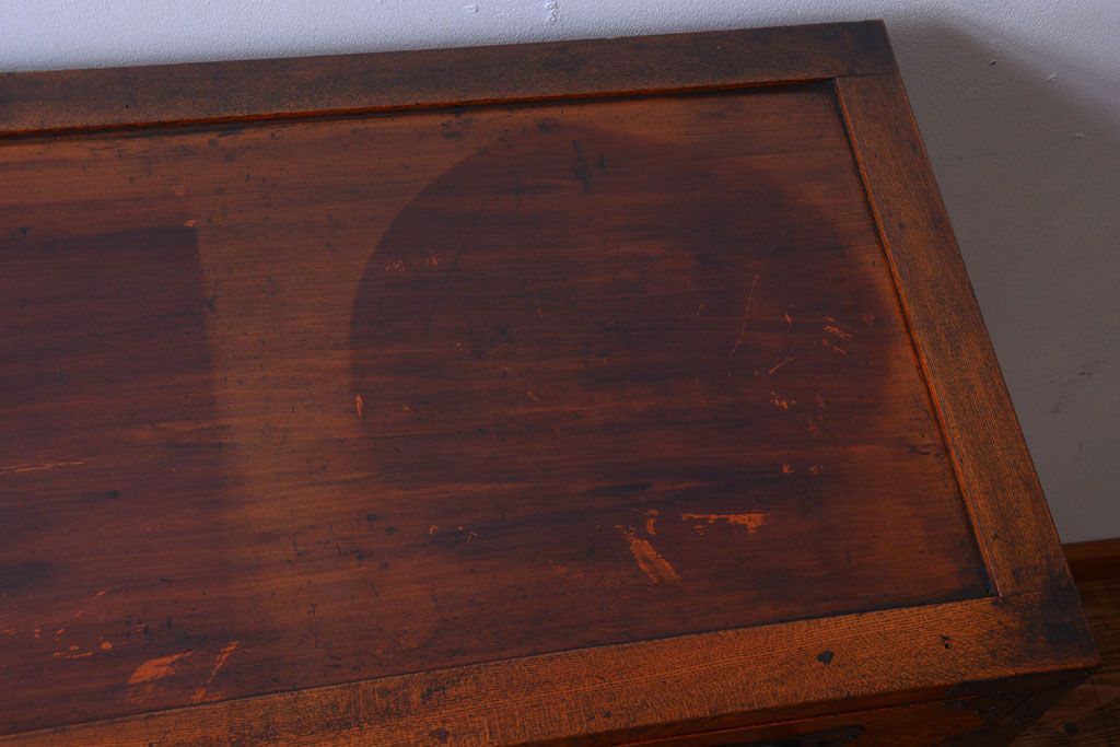 アンティーク家具　古民具・骨董　前面欅材!巾着型金具の二段重ね松本帳場箪笥