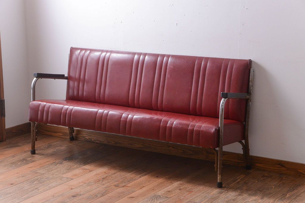 レトロ家具　アンティーク　昭和レトロな3人掛け鉄脚ベンチ