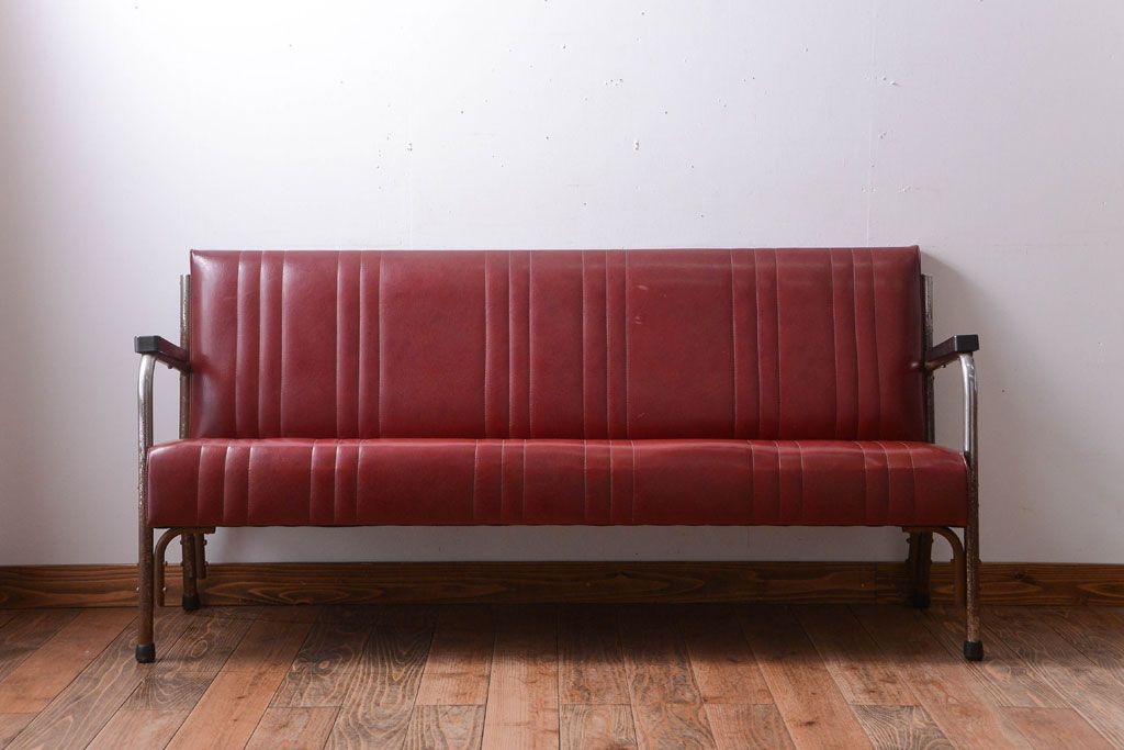 レトロ家具　アンティーク　昭和レトロな3人掛け鉄脚ベンチ