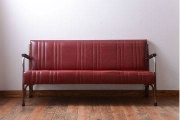 レトロ家具　アンティーク　昭和レトロな3人掛け鉄脚ベンチ