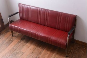 レトロ家具　アンティーク　昭和レトロな3人掛け鉄脚ベンチ