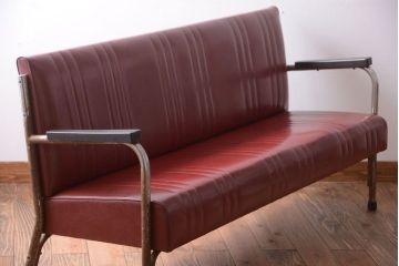 レトロ家具　アンティーク　昭和レトロな3人掛け鉄脚ベンチ