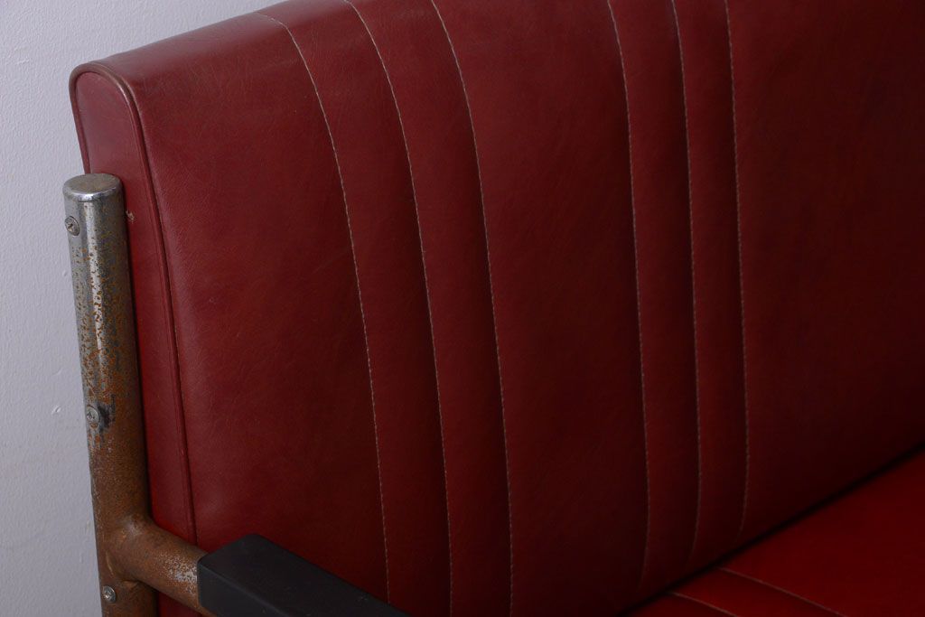 レトロ家具　アンティーク　昭和レトロな3人掛け鉄脚ベンチ