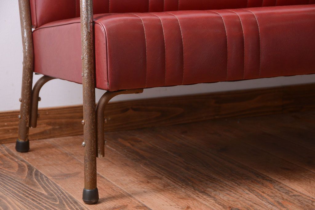 レトロ家具　アンティーク　昭和レトロな3人掛け鉄脚ベンチ