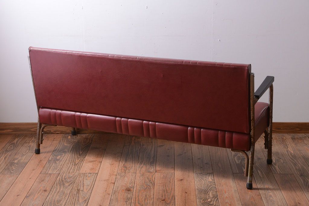 レトロ家具　アンティーク　昭和レトロな3人掛け鉄脚ベンチ