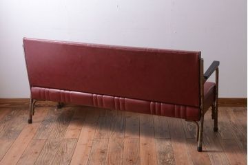 レトロ家具　アンティーク　昭和レトロな3人掛け鉄脚ベンチ