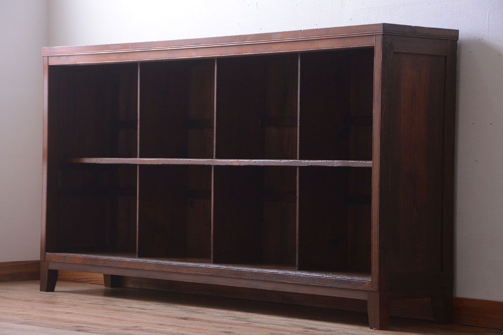 アンティーク家具　和製アンティーク　脚付き!古い木製の横型マス目棚(飾り棚)(1)