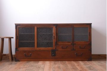 アンティーク家具　古民具・骨董　結霜ガラス入り!前面欅材の時代箪笥ローボード