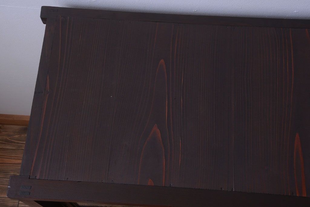 アンティーク家具　古民具・骨董　引き出し3杯付き!モールガラス入り引き戸収納棚