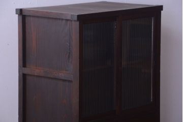 アンティーク家具　古民具・骨董　引き出し3杯付き!モールガラス入り引き戸収納棚