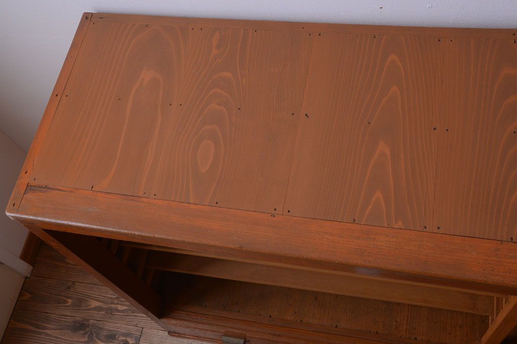 レトロ家具　昭和レトロ　引き出し付き!古い木のアンティーク横型飾り棚(本棚)