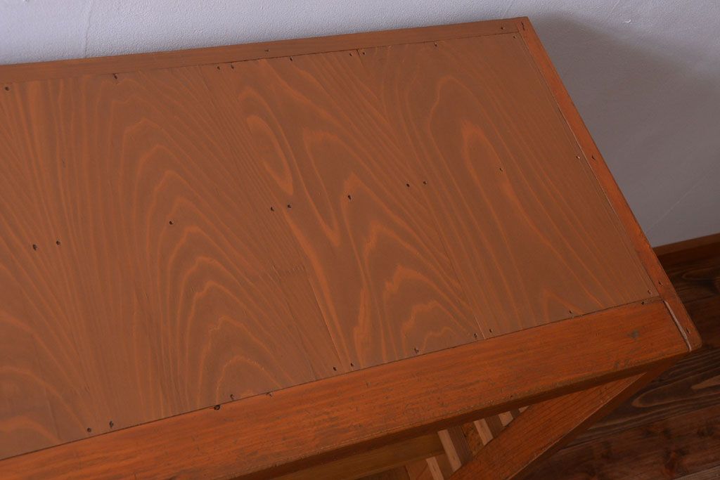 レトロ家具　昭和レトロ　引き出し付き!古い木のアンティーク横型飾り棚(本棚)