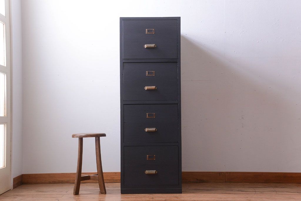 アンティーク家具　アンティーク　ネイビーペイントがシックな縦型4杯引き出し(書類ケース)