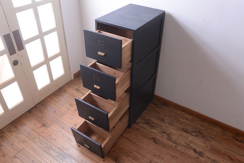 アンティーク家具　アンティーク　ネイビーペイントがシックな縦型4杯引き出し(書類ケース)