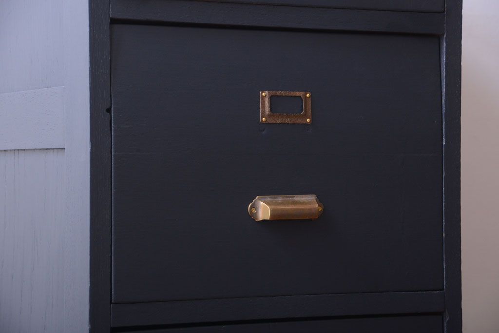 アンティーク家具　アンティーク　ネイビーペイントがシックな縦型4杯引き出し(書類ケース)