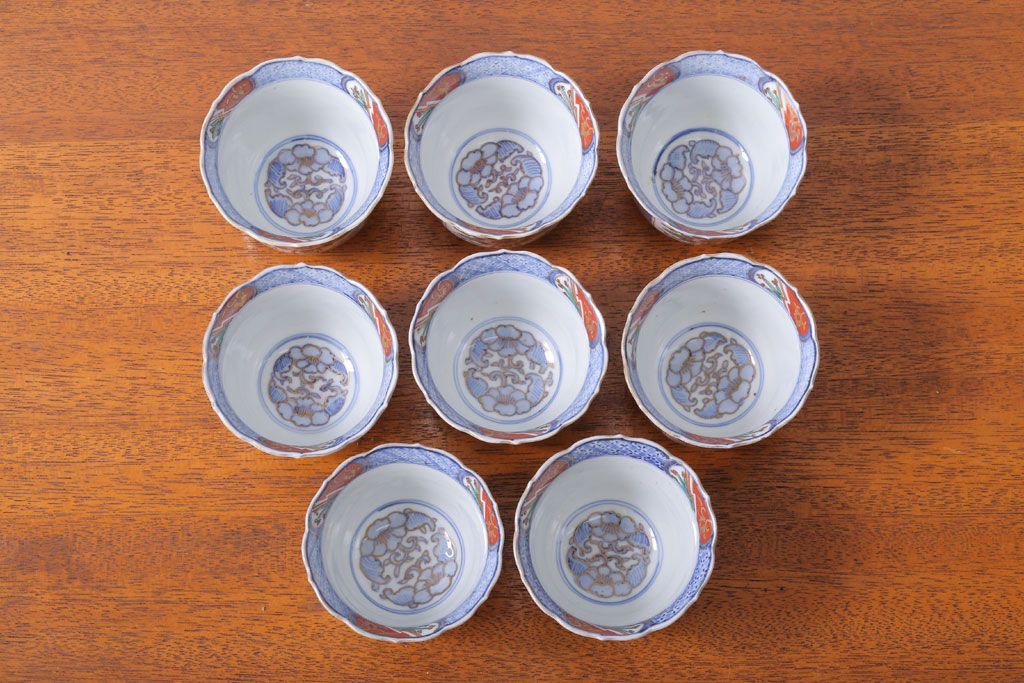 アンティーク雑貨　古民具・骨董　幕末〜明治　色絵向付8客(猪口・伊万里)