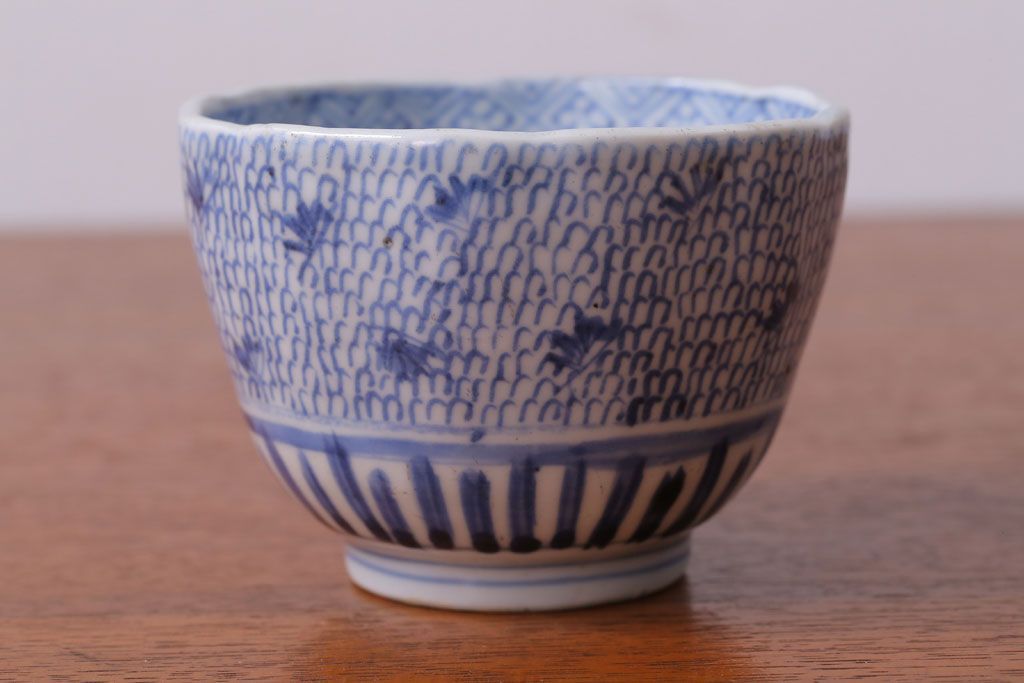 アンティーク雑貨　江戸期　染付微塵唐草向付7客(古伊万里・猪口)