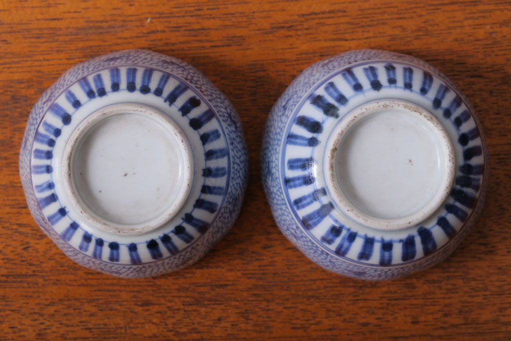 アンティーク雑貨　江戸期　染付微塵唐草向付7客(古伊万里・猪口)