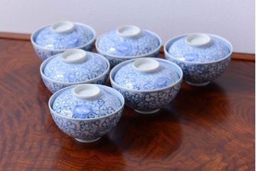 アンティーク雑貨　古民具・骨董　幕末〜明治　綿描き蓋茶碗6客(伊万里)