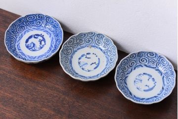 アンティーク雑貨　古民具・骨董　幕末〜明治　蛸唐草なます皿3客(伊万里)