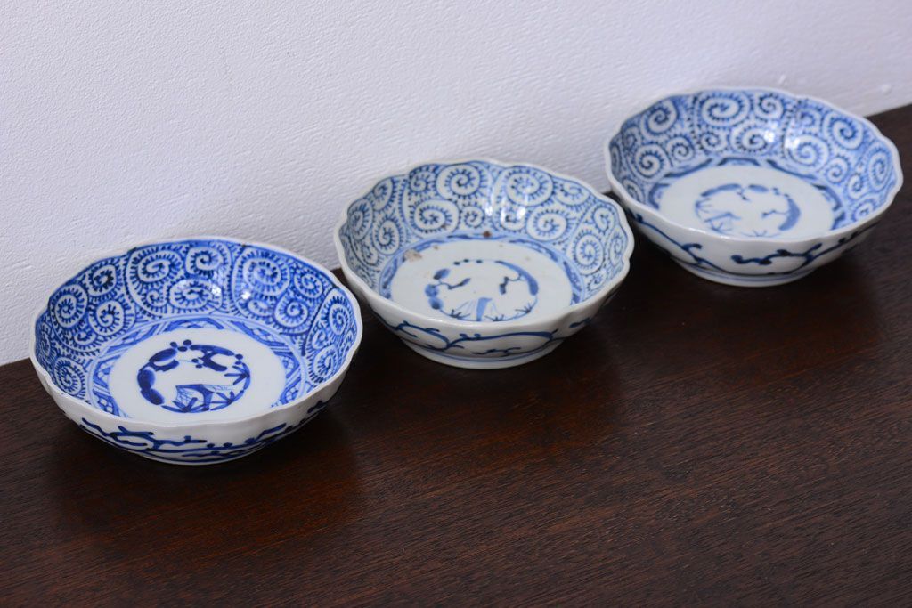 アンティーク雑貨　古民具・骨董　幕末〜明治　蛸唐草なます皿3客(伊万里)