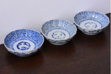 アンティーク雑貨　古民具・骨董　幕末〜明治　蛸唐草なます皿3客(伊万里)