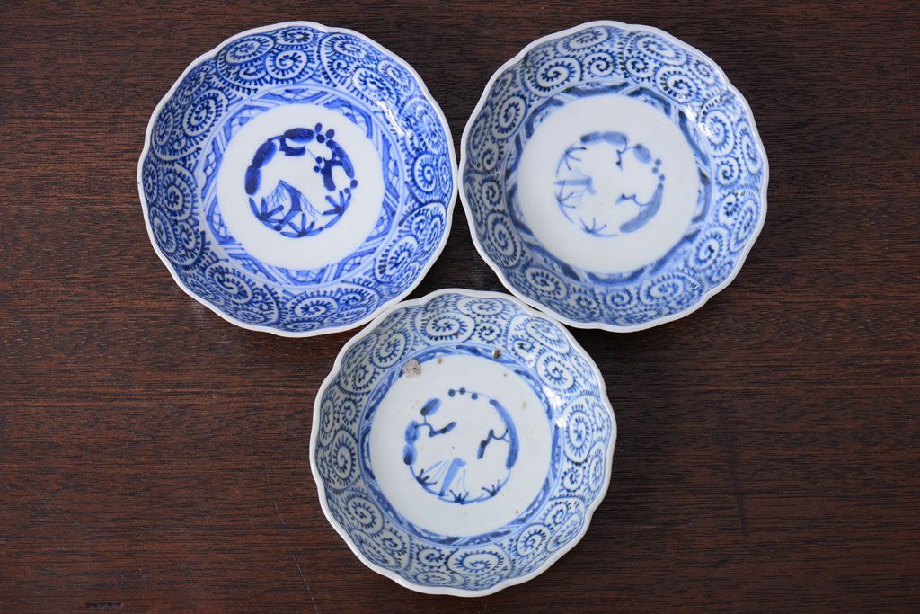 アンティーク雑貨　古民具・骨董　幕末〜明治　蛸唐草なます皿3客(伊万里)