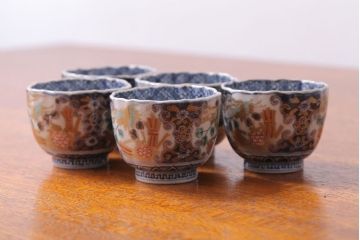 古民具・骨董　江戸後期　色絵金襴手向付5客(古伊万里)