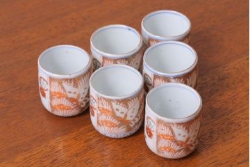 アンティーク雑貨　江戸〜明治　色絵金襴手湯呑6客(古伊万里・猪口)