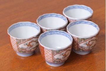 古民具・骨董　幕末〜明治　色絵金襴手向付5客(伊万里・猪口)