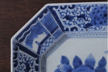 アンティーク雑貨　アンティーク　江戸〜明治　花鳥の図　染付八角皿(古伊万里)