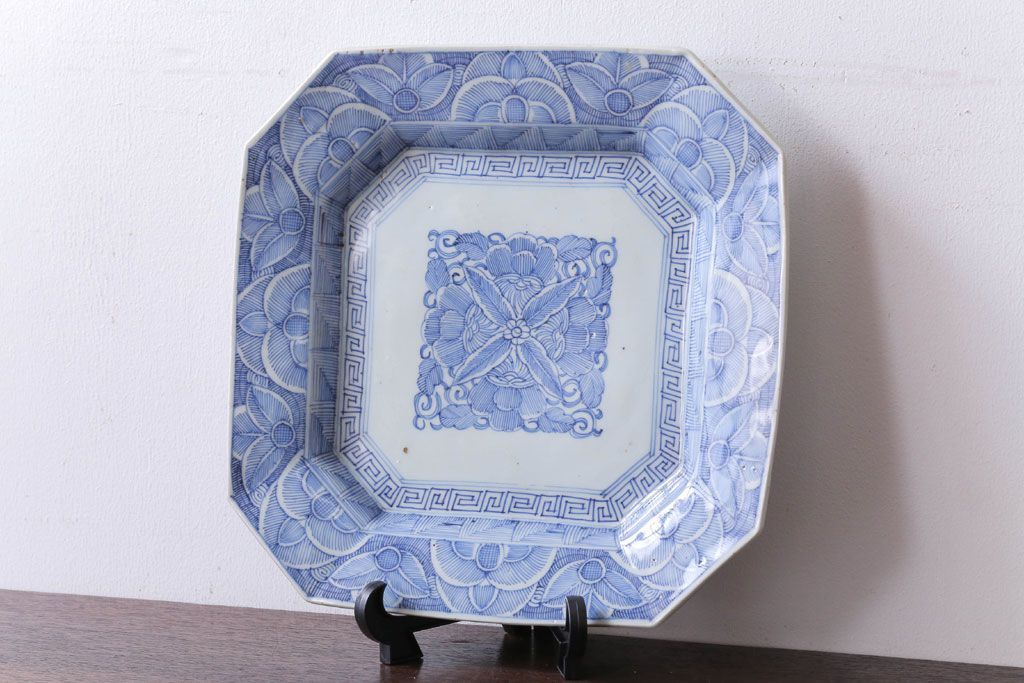 アンティーク雑貨　古民具・骨董　江戸〜明治　線描き染付八角皿