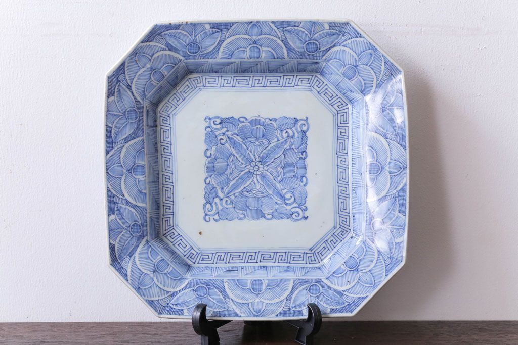 アンティーク雑貨　古民具・骨董　江戸〜明治　線描き染付八角皿