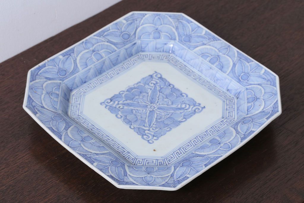 アンティーク雑貨　古民具・骨董　江戸〜明治　線描き染付八角皿