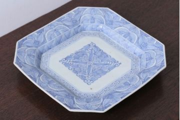 アンティーク雑貨　古民具・骨董　江戸〜明治　線描き染付八角皿