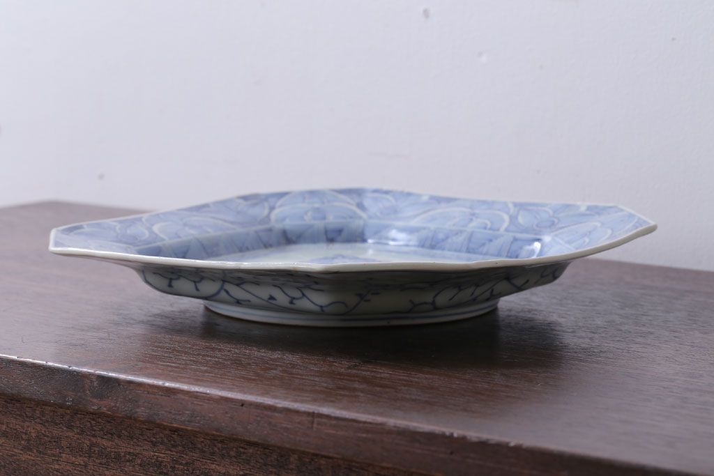 アンティーク雑貨　古民具・骨董　江戸〜明治　線描き染付八角皿