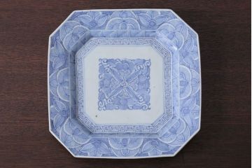 アンティーク雑貨　古民具・骨董　江戸〜明治　線描き染付八角皿