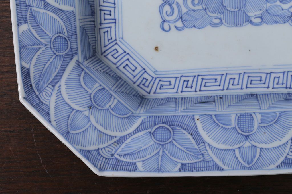 アンティーク雑貨　古民具・骨董　江戸〜明治　線描き染付八角皿